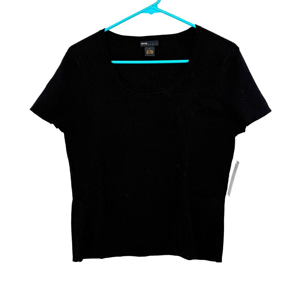 Grace Elements Size Large Black Short Sleeve‎ Blouse Ribbed New with Tags NWT